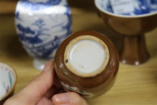 Four Chinese cafe au lait glazed stem cups and two bowls and a blue and white tea caddy tallest 11.5cm